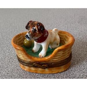 Hand Painted French Limoges Trinket Box Dog Puppy in Wicker Basket With Ball